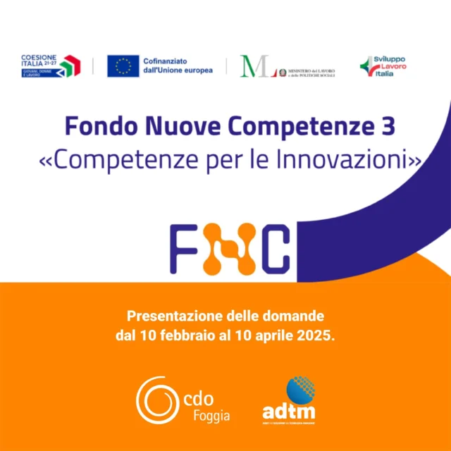 Avviso "𝗙𝗼𝗻𝗱𝗼 𝗻𝘂𝗼𝘃𝗲 𝗰𝗼𝗺𝗽𝗲𝘁𝗲𝗻𝘇𝗲 𝟯. 𝗖𝗼𝗺𝗽𝗲𝘁𝗲𝗻𝘇𝗲 𝗽𝗲𝗿 𝗹𝗲 𝗶𝗻𝗻𝗼𝘃𝗮𝘇𝗶𝗼𝗻𝗶" 

Questo Fondo supporta le imprese nei processi di transizione digitale ed ecologica, promuovendo nuova occupazione e favorendo la creazione di reti tra le aziende.

L'iniziativa mira ad accrescere le competenze di lavoratrici e lavoratori, affinché possano rispondere all'accelerazione della domanda di digitalizzazione, sostenibilità ambientale, efficientamento energetico e innovazione in generale. 

L'Avviso è rivolto a datori di lavoro privati che abbiano sottoscritto accordi collettivi per la rimodulazione dell’orario di lavoro, finalizzati a percorsi formativi per il potenziamento delle competenze del personale.

𝗜𝗹 𝘀𝗼𝘀𝘁𝗲𝗴𝗻𝗼 𝗰𝗼𝗻𝘀𝗶𝘀𝘁𝗲 𝗻𝗲𝗹 𝗿𝗶𝗰𝗼𝗻𝗼𝘀𝗰𝗲𝗿𝗲 𝗰𝗼𝗻𝘁𝗿𝗶𝗯𝘂𝘁𝗶 𝗰𝗼𝗺𝗺𝗶𝘀𝘂𝗿𝗮𝘁𝗶 𝗮𝗹 𝗰𝗼𝘀𝘁𝗼 𝗱𝗲𝗹 𝗹𝗮𝘃𝗼𝗿𝗼 𝗱𝗲𝗹 𝗽𝗲𝗿𝘀𝗼𝗻𝗮𝗹𝗲 e consente alle imprese di coinvolgere disoccupati selezionati per la loro assunzione al termine del percorso formativo.

È possibile presentare domanda per una delle seguenti linee di intervento:
- 𝗦𝗶𝘀𝘁𝗲𝗺𝗶 𝗙𝗼𝗿𝗺𝗮𝘁𝗶𝘃𝗶
- 𝗙𝗶𝗹𝗶𝗲𝗿𝗲 𝗙𝗼𝗿𝗺𝗮𝘁𝗶𝘃𝗲
- 𝗦𝗶𝗻𝗴𝗼𝗹𝗶 𝗱𝗮𝘁𝗼𝗿𝗶 𝗱𝗶 𝗹𝗮𝘃𝗼𝗿𝗼

I corsi di formazione riguarderanno i seguenti ambiti:
- Sistemi tecnologici e digitali;
- Introduzione e sviluppo di intelligenza artificiale;
- Sostenibilità e impatto ambientale;
- Economia circolare;
- Transizione ecologica;
- Efficientamento energetico;
- Welfare aziendale e benessere organizzativo;

Il numero delle ore da destinare allo sviluppo delle competenze per ogni lavoratore deve essere compreso tra un minimo di 30 ore e un massimo di 150 ore.

𝗟𝗲 𝗱𝗼𝗺𝗮𝗻𝗱𝗲 𝗽𝗼𝘀𝘀𝗼𝗻𝗼 𝗲𝘀𝘀𝗲𝗿𝗲 𝗽𝗿𝗲𝘀𝗲𝗻𝘁𝗮𝘁𝗲 𝗱𝗮𝗹 𝟭𝟬 𝗳𝗲𝗯𝗯𝗿𝗮𝗶𝗼 𝟮𝟬𝟮𝟱 𝗮𝗹 𝟭𝟬 𝗮𝗽𝗿𝗶𝗹𝗲 𝟮𝟬𝟮𝟱. 

La 𝗖𝗱𝗢 𝗙𝗼𝗴𝗴𝗶𝗮, in collaborazione con 𝗔𝗗𝗧𝗠 𝗦𝗿𝗹, è a tua disposizione per fornirti ulteriori informazioni e assisterti nella presentazione della domanda. Non esitare a contattarci al numero 𝟬𝟴𝟴𝟭 𝟯𝟯𝟭𝟰𝟵𝟯 oppure scrivici all'indirizzo email 𝗽𝗲𝗿𝗿𝗼𝗻𝗲@𝗰𝗱𝗼𝗳𝗼𝗴𝗴𝗶𝗮.𝗶𝘁

#CDO @pmi_tutoring #FondoNuoveCompetenze