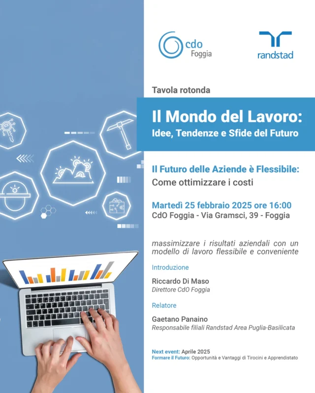 Tavola rotonda
𝗜𝗹 𝗙𝘂𝘁𝘂𝗿𝗼 𝗱𝗲𝗹𝗹𝗲 𝗔𝘇𝗶𝗲𝗻𝗱𝗲 𝗲̀ 𝗙𝗹𝗲𝘀𝘀𝗶𝗯𝗶𝗹𝗲:
𝗰𝗼𝗺𝗲 𝗼𝘁𝘁𝗶𝗺𝗶𝘇𝘇𝗮𝗿𝗲 𝗶 𝗰𝗼𝘀𝘁𝗶
Massimizzare i risultati aziendali con un modello di lavoro flessibile e conveniente.

𝗠𝗮𝗿𝘁𝗲𝗱𝗶̀ 𝟮𝟱 𝗙𝗲𝗯𝗯𝗿𝗮𝗶𝗼 𝟮𝟬𝟮𝟱 𝗼𝗿𝗲 𝟭𝟲.𝟬𝟬
CdO Foggia - Via Gramsci, 39 - Foggia

Negli ultimi anni, il mondo del lavoro ha subito trasformazioni significative, spingendo le aziende a riconsiderare i loro modelli operativi.

La flessibilità è diventata una parola chiave, non solo per rispondere alle esigenze dei dipendenti, ma anche per ottimizzare i costi e massimizzare i risultati aziendali.

Ma come si può implementare un modello di lavoro flessibile e conveniente?

Le aziende possono affrontare le sfide attuali e prosperare in un mercato in continua evoluzione?

La chiave del successo risiede nella capacità di adattarsi e innovare, creando un ambiente di lavoro che valorizzi le persone e le loro esigenze.

Per info e iscrizioni: 
https://www.cdofoggia.it/il-futuro-delle-aziende-e-flessibile-come-ottimizzare-i-costi/

#cdo #randstad #pmitutoring #Foggia #RandstadItalia #lavoro
